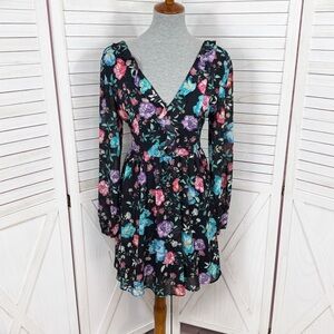 Express Floral‎ V Neck Ruffle Trim Chiffon Skater Mini Dress Black Multi 8